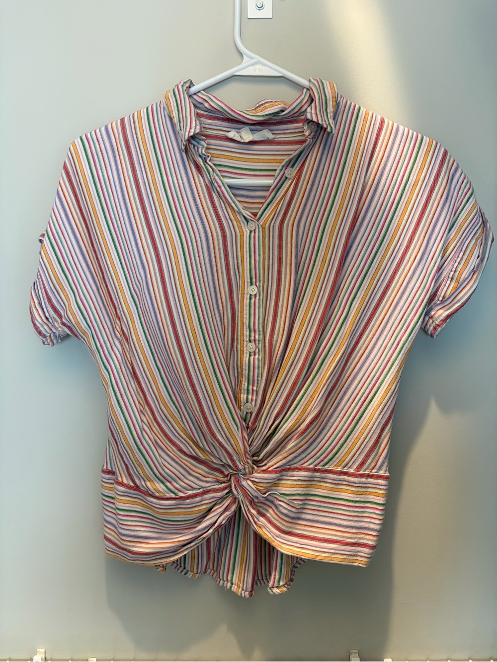 Lou & Grey Multicolor Striped Short-Sleeve Button Front Top with Knot